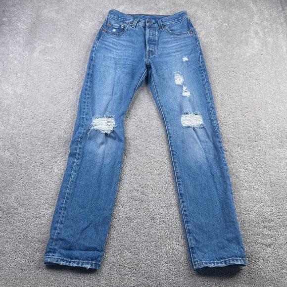 Levi's Denim - Levis 501 Jeans Womens 24x30 Blue Distressed Denim Button Fly High‎ Rise Pants